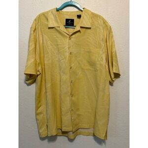 Caribbean Joe Mens XL 100% Silk Tropical Palm Jacquard Camp Shirt Hawaiian